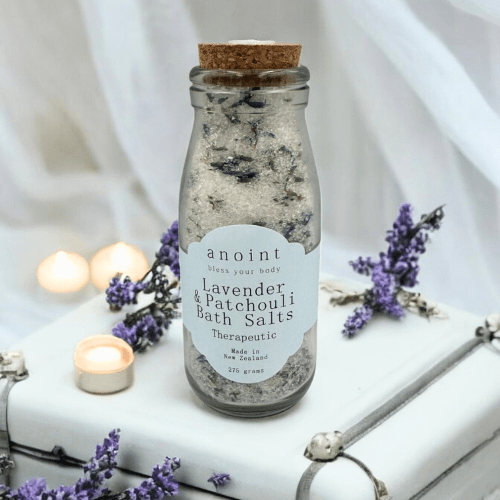 Anoint  lavender and patchouli bath salts bottle